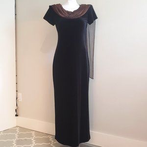 Vintage Late-80s Black Velvet Maxi Dress with Gold Glitter Scarf